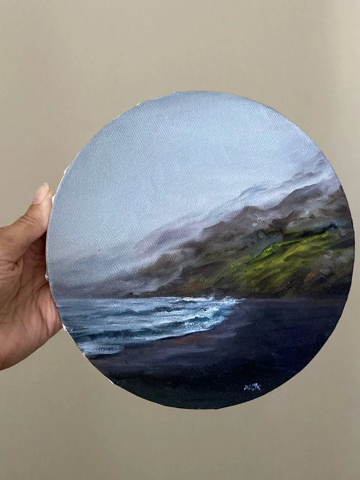 Small Landscape Round Oil Painting Dark Ocean Art Original Moody Victorian Painting Coastal Wall Decor 8 by 8 Art