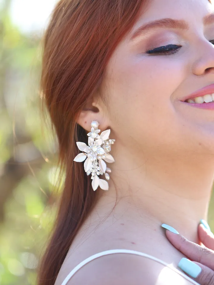 Freshwater Pearl Bridal Earrings, Opal Crystal Wedding Earrings, Floral Bridal Earrings, Leaf Wedding Earrings, Flower Statement Jewelry