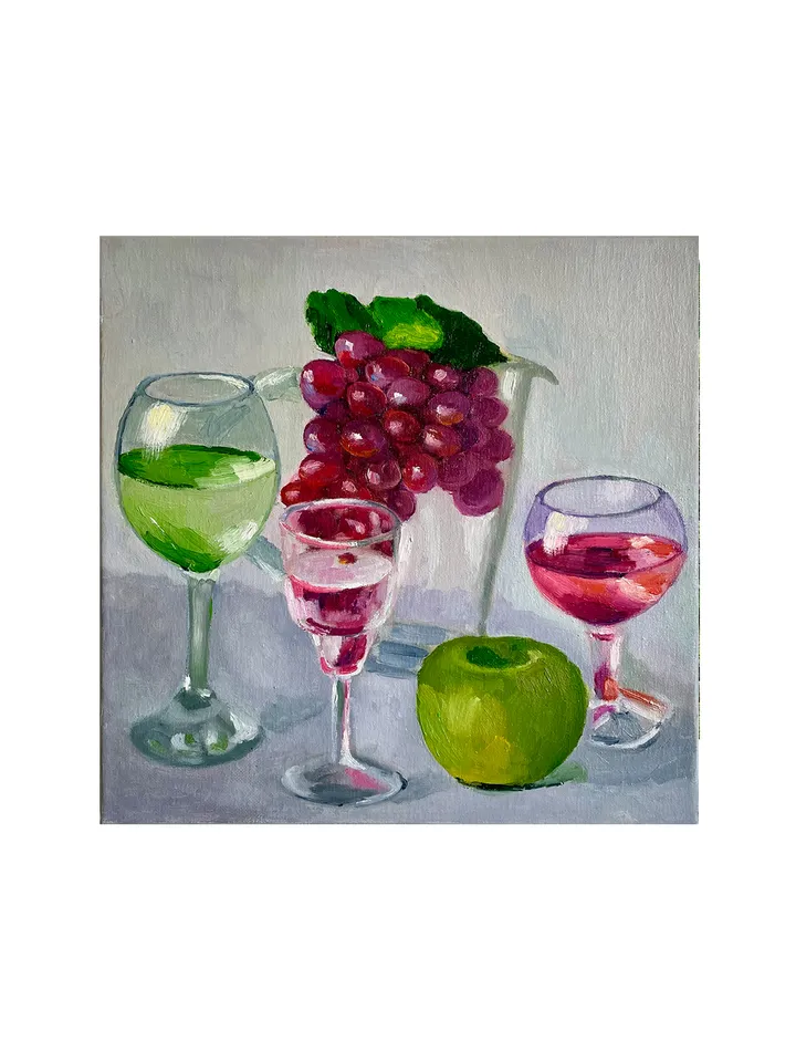 Wine Glass Painting, Original Oil Painting on Canvas, Fruit Still Life Painting