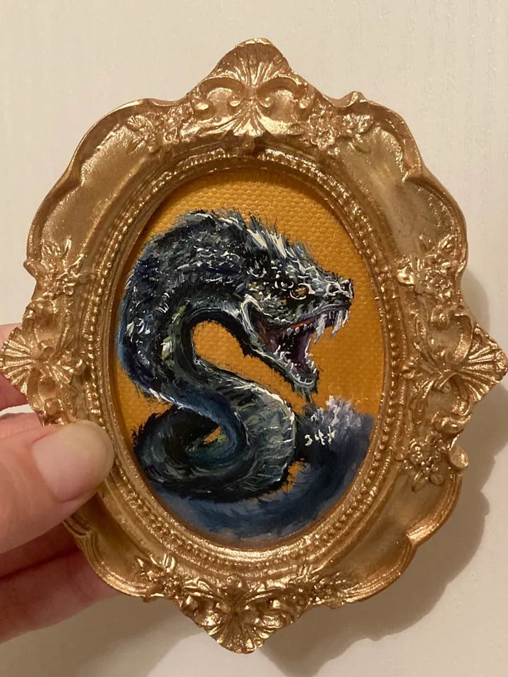 Basilisk Painting Small Original Oval Framed Art Witch Gifts Mini Gold Framed Decor, Mythical Creatures Art, Tiny Art Whimsigoth Decor