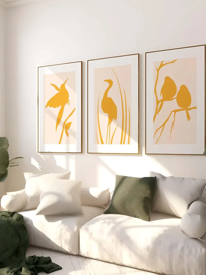 Minimalist Bird Wall Art Boho Bird Poster Abstract Nature Silhouettes Modern Yellow Decor Scandinavian Style Contemporary Bird Digital Art