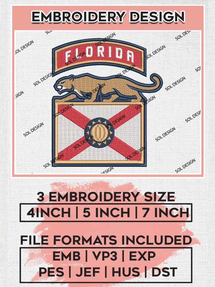 NHL Florida Panthers Team Logo Embroidery Design, NHL Florida Panthers Logo Embroidery Files, Hockey Team Machine Embroidery, Machine Embroidery Design