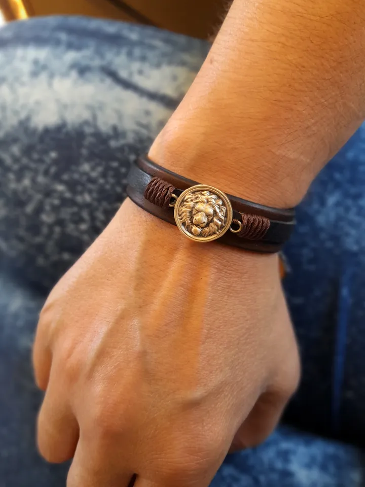 Lion Bracelet, Brass Lion Head Pendant Leather Cuff, Men Leather Zodiac Jewelry, Leo Gift Idea, Men Empowerment, Spirit Animal/Power Animal