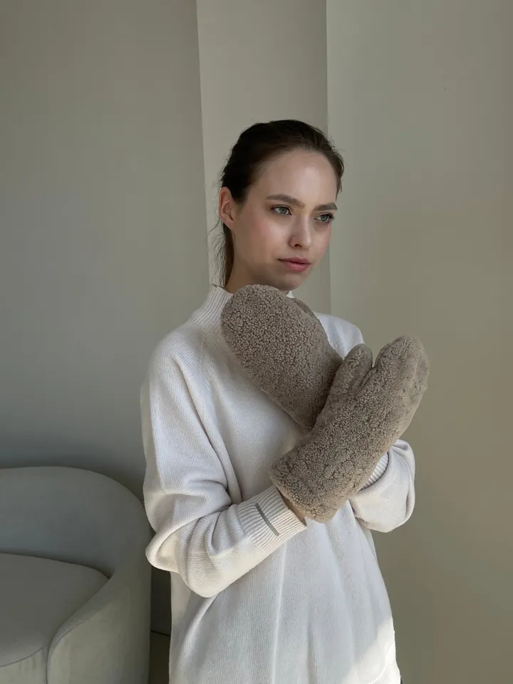 Genuine shearling mittens dark beige colour/ real fur mittens /women cold weather designer gloves / warm cosy mittens/ winter wear