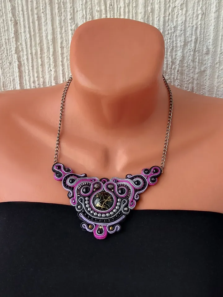 Purple statement necklace, Boho necklace, Soutache embroidered beaded necklace, Bohemian neklace
