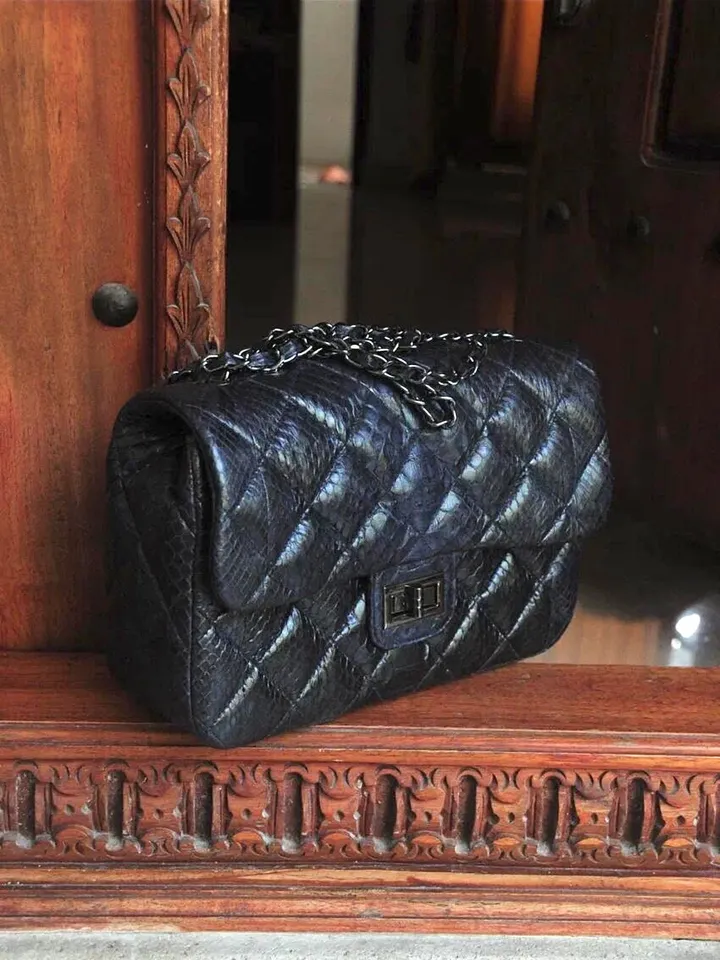 Genuine python skin classy stitched big blue crossbody | designer women leather handbag | snakeprint bag | crossbody purse | gift for her