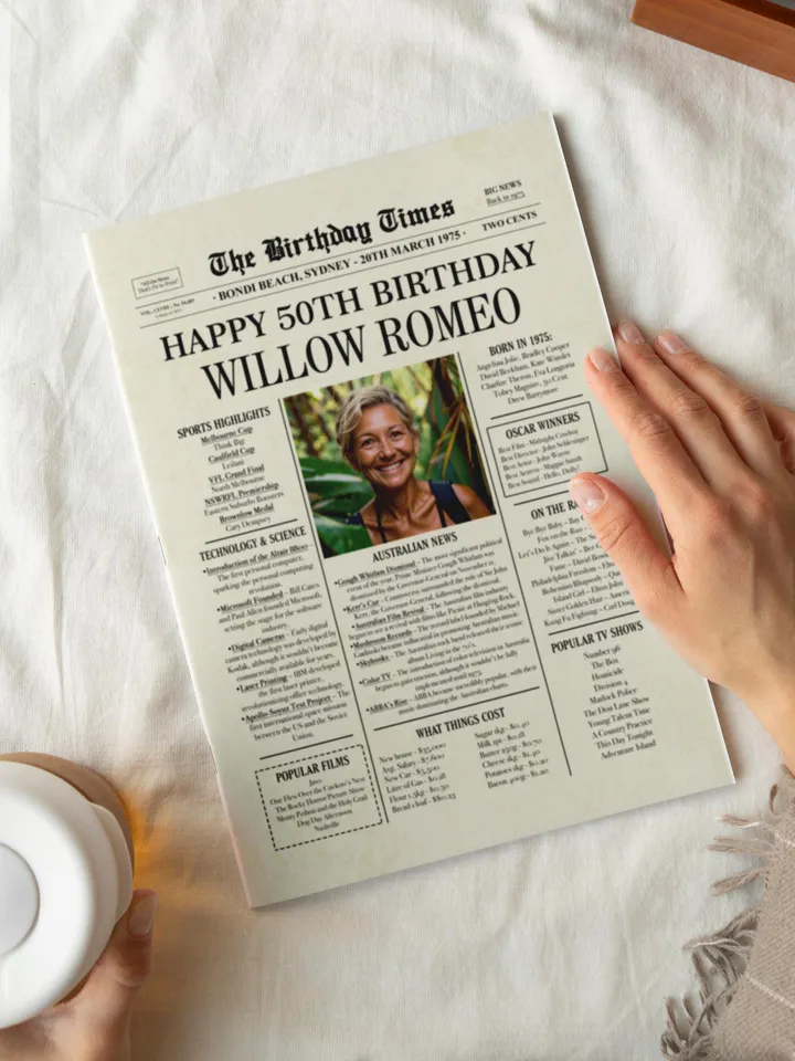 Australian 50th Birthday Newspaper poster gift, 1975 Personalized Printable, 1975 Australian facts, 50th Birthday Decoration Back in 1975