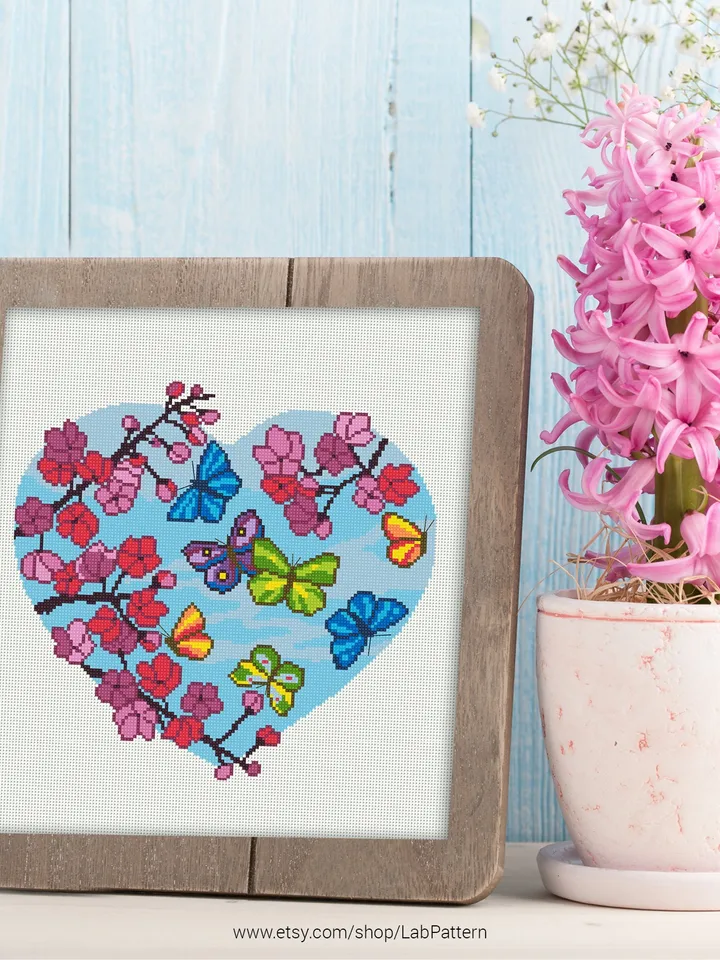 Spring Heart Butterfly Cross stitch pattern | Embroidery Pattern | Instant Download | Embroidery Designs