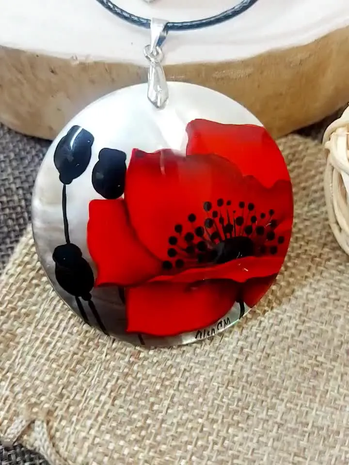 Pearl pendant necklace: Big Red Poppy hand painted on Abalone Shell Pendant • Aesthetic flower design on graceful necklace for her dress
