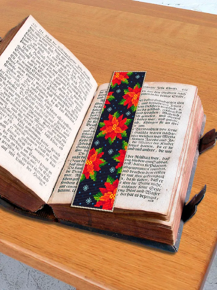 Christmas bookmark poinsettia cross stitch pattern PDF download Modern handmade bookmark digital PDF, Winter flower cross stitch chart #B227