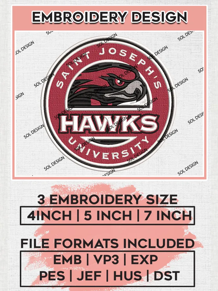 NCAA Saint Josephs Hawks Team Round Logo Embroidery Design Files, NCAA Saint Josephs Hawks Machine Embroidery, NCAA Teams, 3 sizes, NCAA Machine embroidery designs, Digital Download