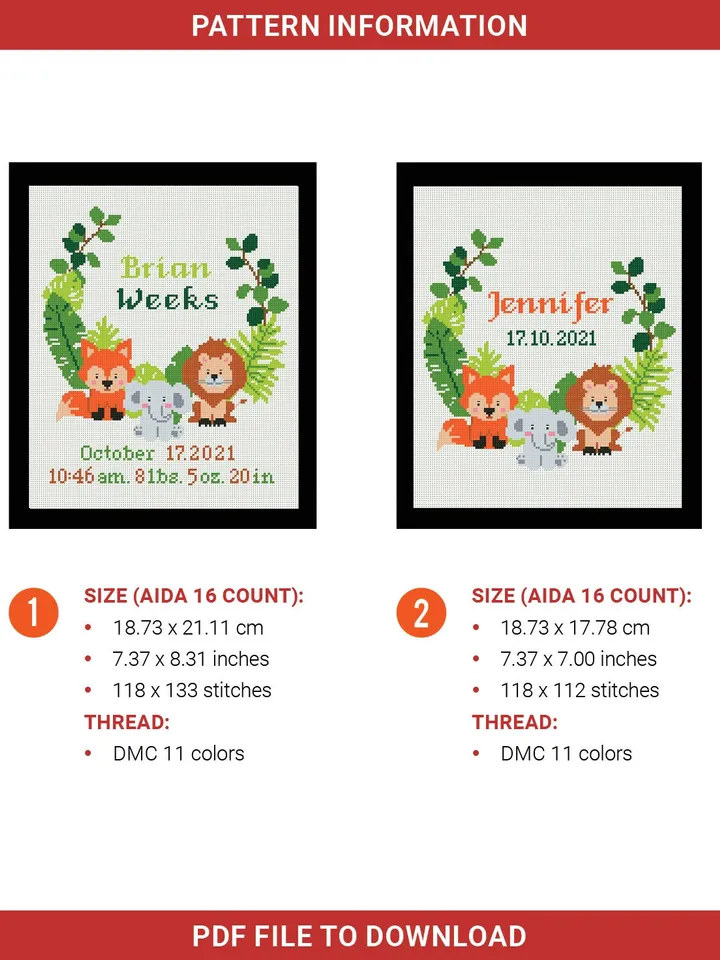 Zoo Animals Birth announcement cross stitch pattern, baby, personalized, Fox Lion, boy girl nursery decor, gift DIY, embroidery, instant PDF