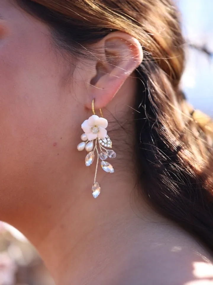 Delicate Porcelain Flower Wedding Earrings, Opal Jewelry, Boho Wedding Earrings, Pearl Floral Bridal Earrings, Gold Leaf Wedding Jewelry Set