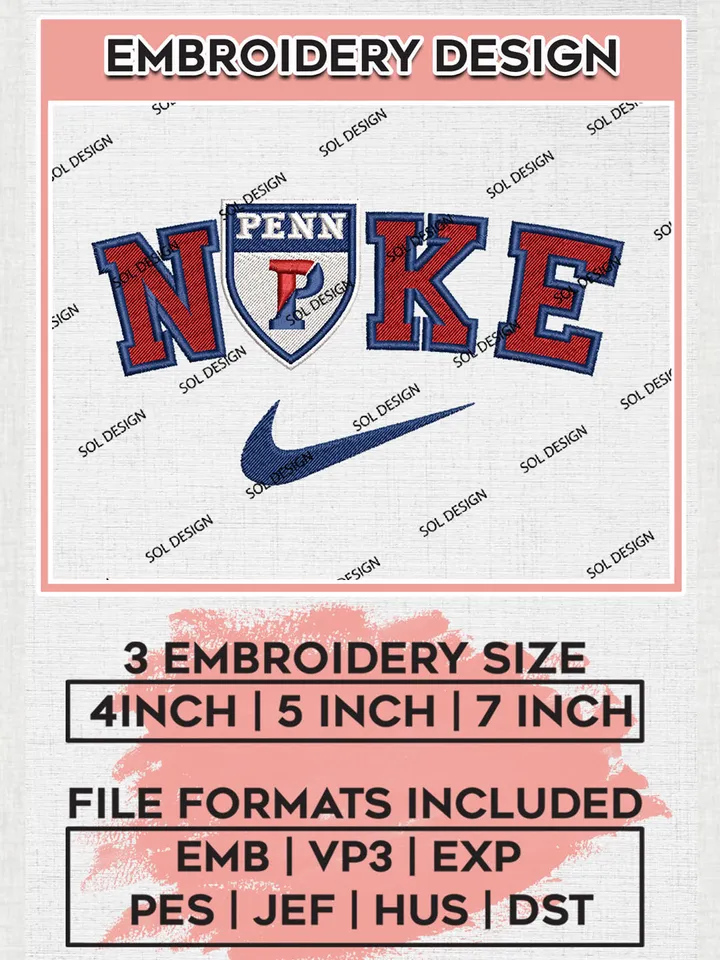 Nike Pennsylvania Quakers Machine Embroidery Design, NCAA Penn Quakers Embroidery Design files, NCAA Embroidery Designs, NCAA Machine Embroidery Designs, Digital Download