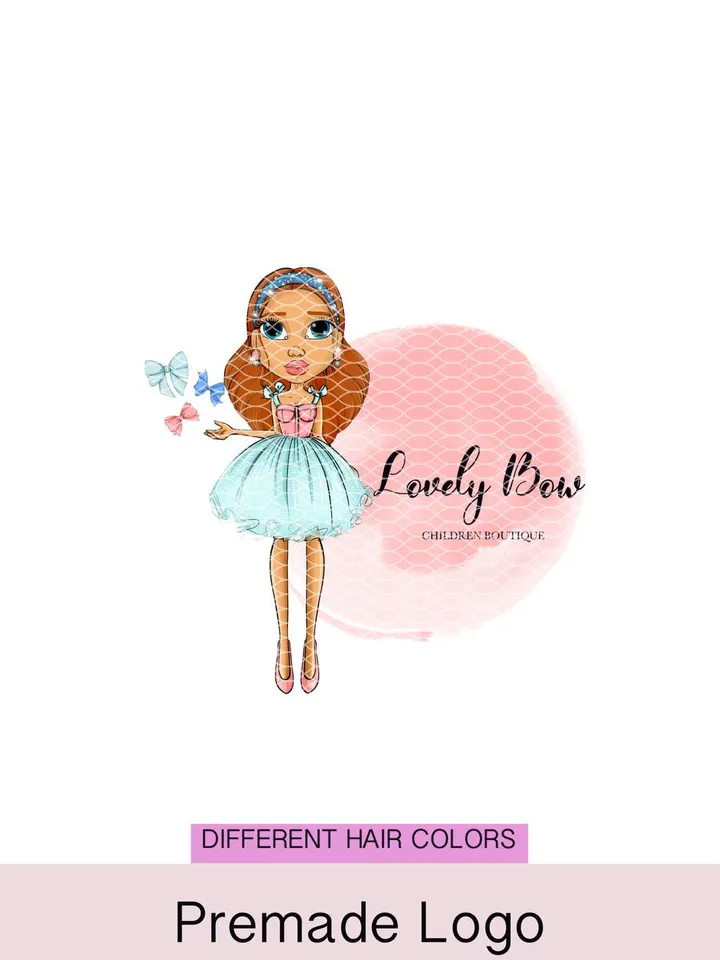Wonderful Bow Hair Accessories Premade Logo, Small Business Logo, Girl Character Logo, Cartoon Logo, Crafter Logo, Handmade Bow Logo Design