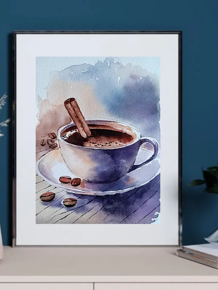 Coffee Cup Painting Original Watercolor Art 5.9x8.29 in by Art Café