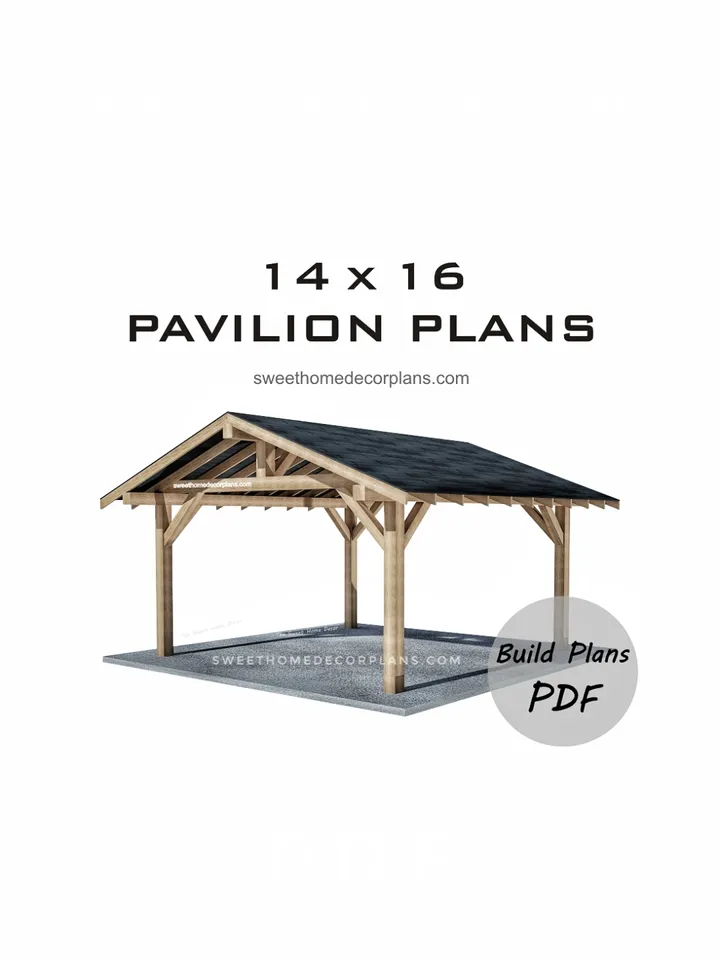 Diy 14 x 16 gable pavilion plans pdf. Carport plans. Pergola patio plans. Backyard pavilion plans for outdoor. Wooden gazebo plans.