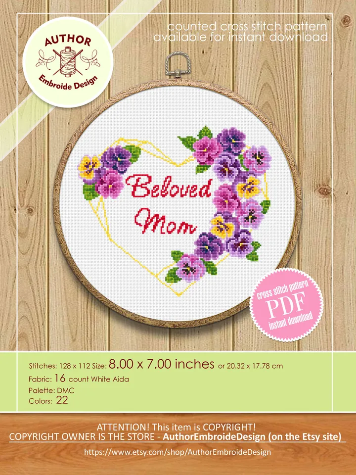 Floral heart frame cross stitch pattern PDF download Beloved Mom cross stitch chart, Violets flowers cross stitch, DIY gift for mother #Q28