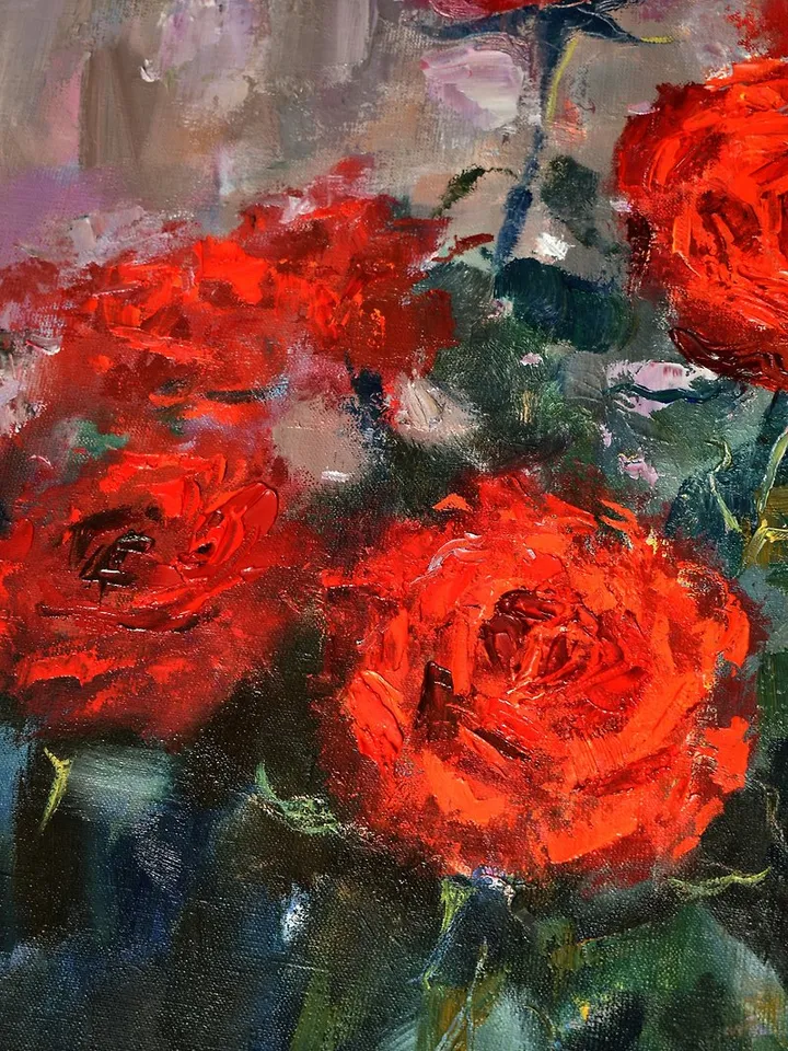 Roses Painting Red Flowers Artwork Floral Canvas Original Art Impressionism 油畫原作