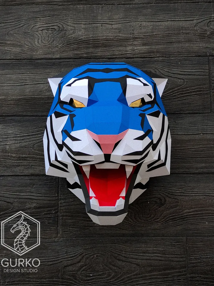 Angry Tiger Head Papercraft, Cat, Digital Template, PDF Download, Gurko, 3D Low Poly, Pepakura, DIY Origami Sculpture, Paper Decor, DIY Gift