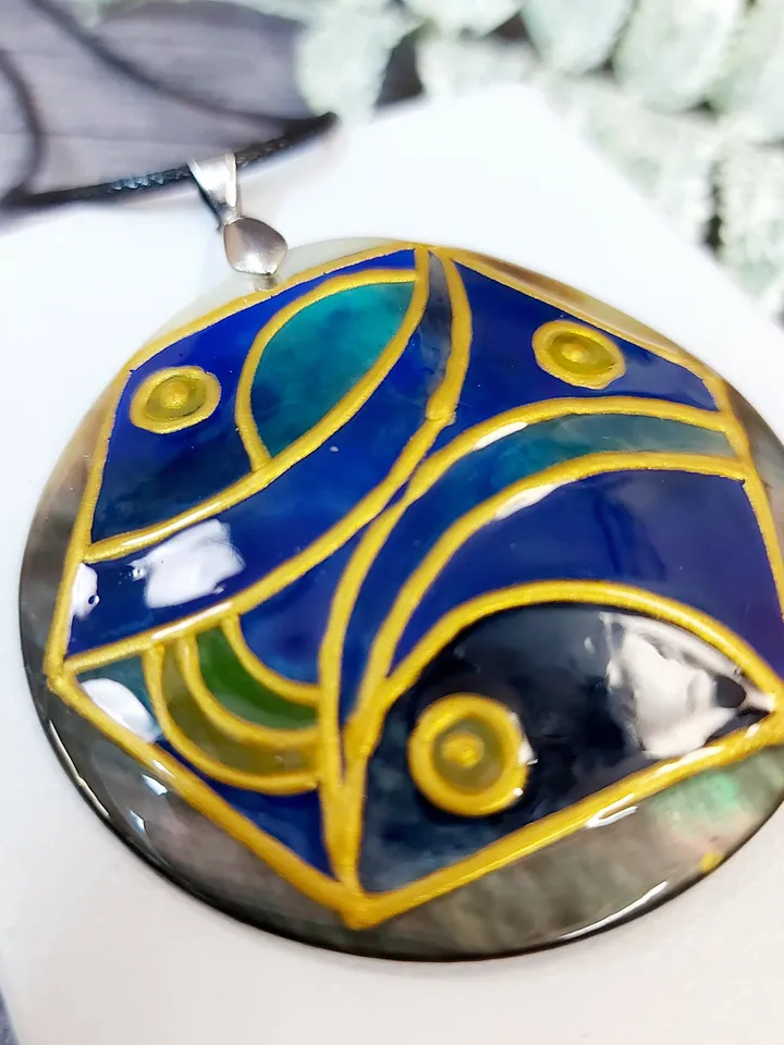 Pearl pendant necklace: Unique abstract necklace for women hand painted on mother of shell, Blue and gold painting on statement jewelry