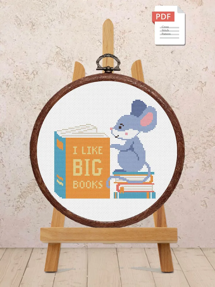I Like Big Books Cross Stitch Pattern, Mouse Cross Stitch Pattern, Books Cross Stitch Pattern, Books Patterns #qt004