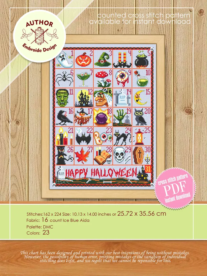 Halloween advent calendar cross stitch pattern PDF download Spooky cross stitch chart, Halloween pattern digital PDF Countdown calendar #H24