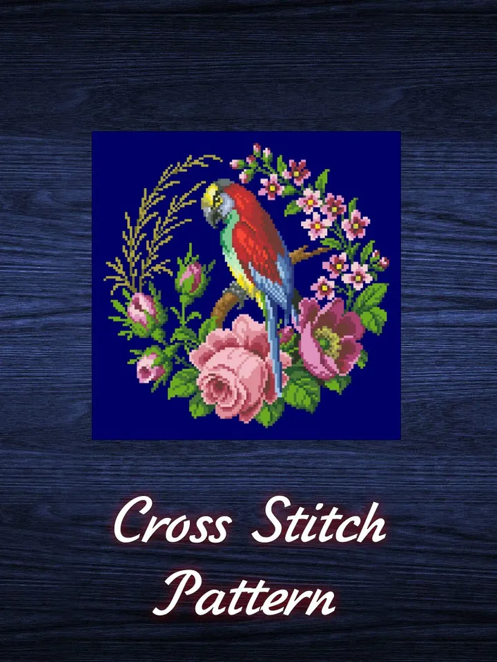 Antique Cross Stitch Pattern Parrot with Flowers Digital Download PDF