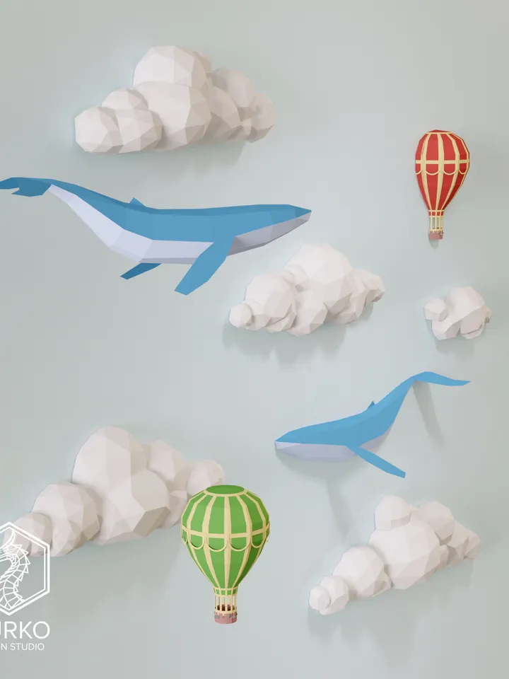 Papercraft Clouds With Whales And Hot Air Balloons, Digital Template, PDF Download, Gurko, 3D Low Poly, Pepakura, DIY Origami Sculpture