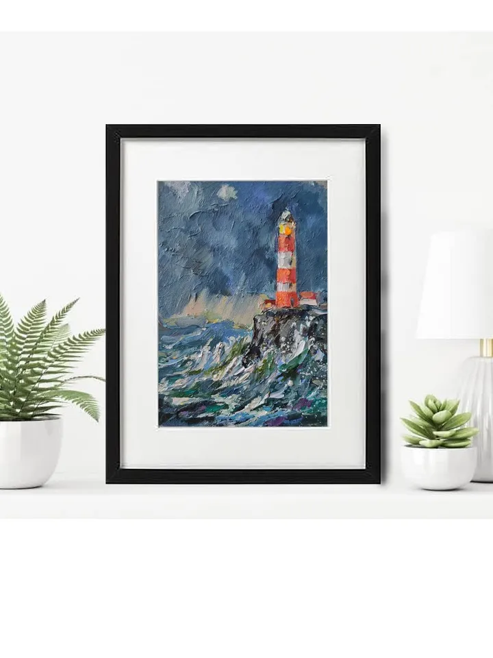 Painting Seascape Lighthouse Storm Waves Canvas on Cardboard Oil Wall Art Impasto Palette Knife Painting on Canvas 5.6 x 8 inches Original Painting Nata_Lena_Art