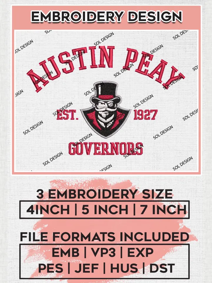 Austin Peay Governors Est 1927 Logo Embroidery Designs, NCAA Austin Peay Governors Team Embroidery, NCAA Team Logo, 3 sizes, Machine embroidery Files, Digital Download