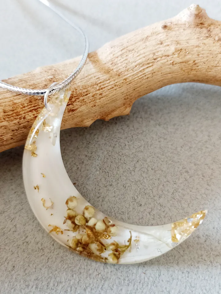 Moon pendant with rowan flowers and gold leaf in jewelry resin Moon necklace with white flowers