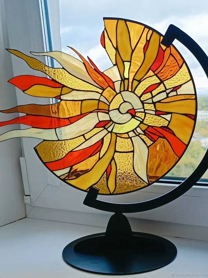 Sun. Tiffany-Style Stained Glass Panel on Iron Stand, Stained Glass with the Sun, Solar Stained Glass