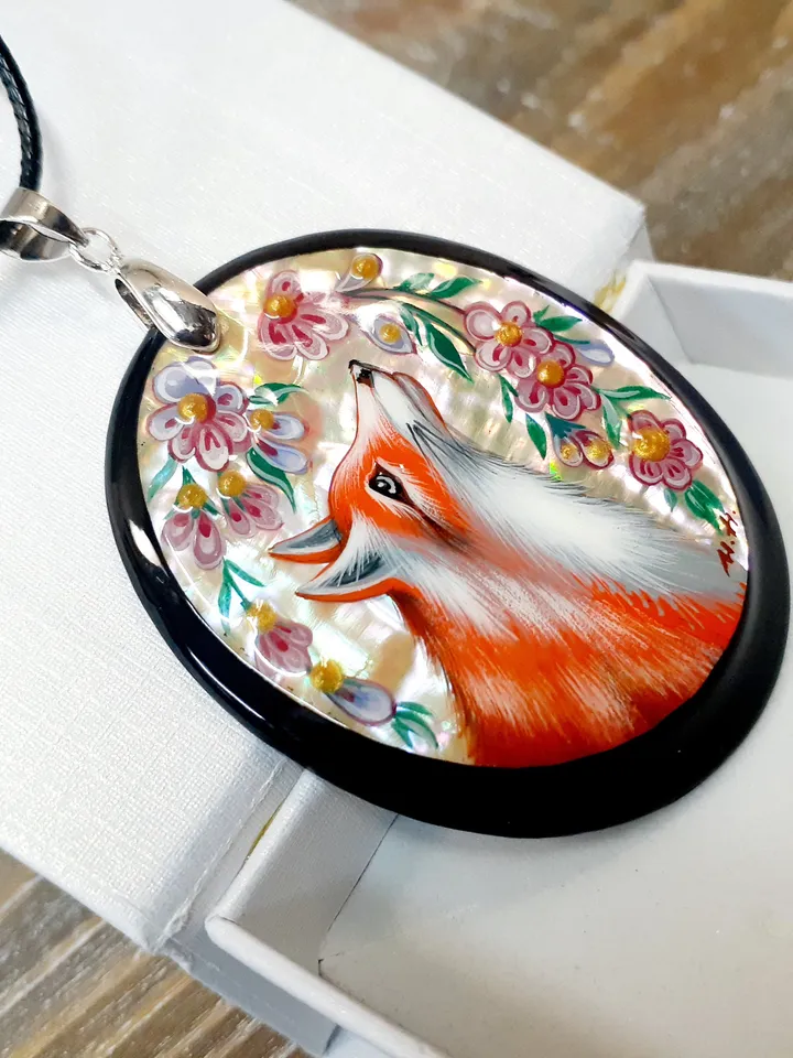 Russian jewelry: Wild red Fox painted in Fedoskino style pendant. Cute wild nature painted on necklace. Collectible gift for grand mother