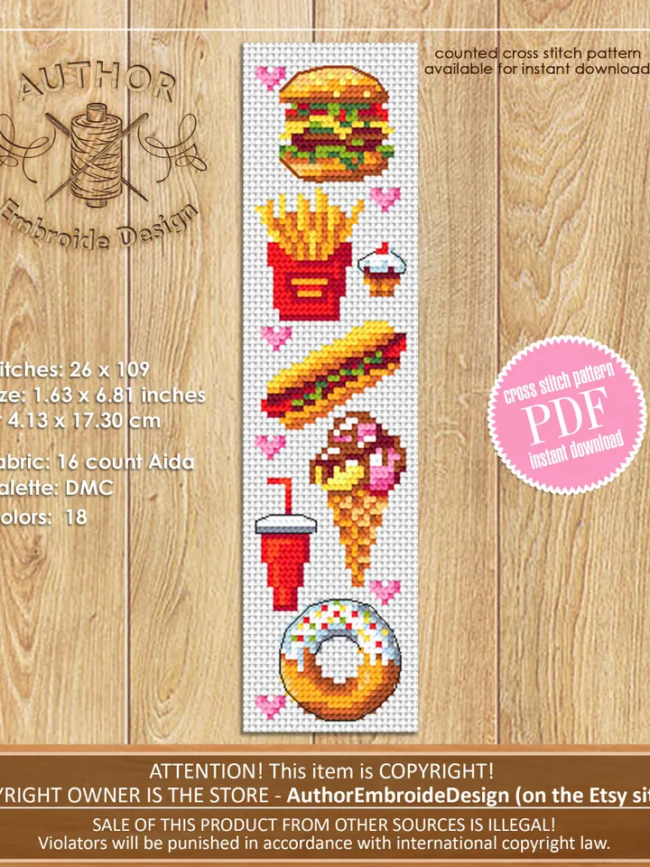 Fast food bookmark cross stitch pattern download PDF Simple handmade bookmark digital PDF, Food cross stitch chart, Small hamburger #B106