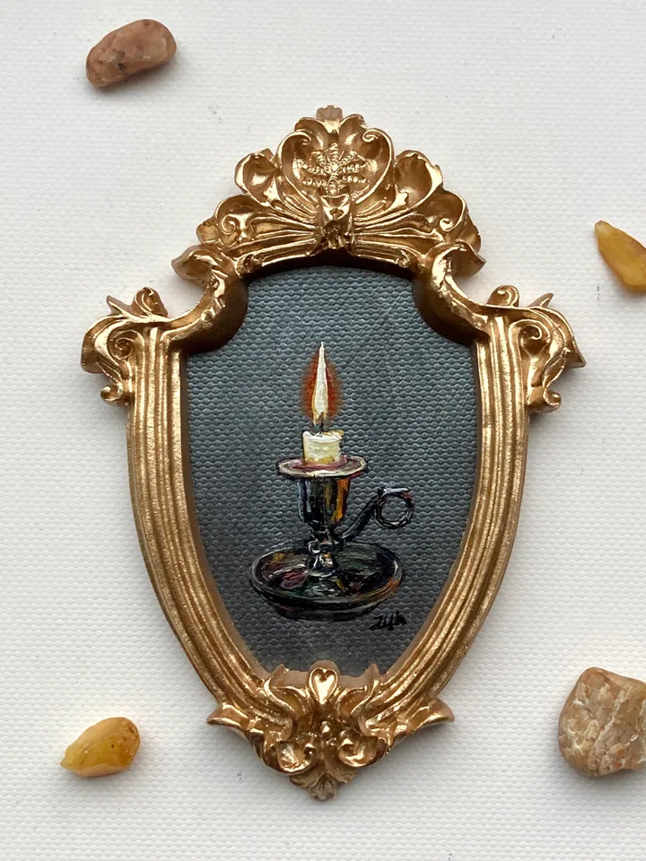 Candle Oil Painting Original In Vintage Style Frame Small Framed Still Life Art