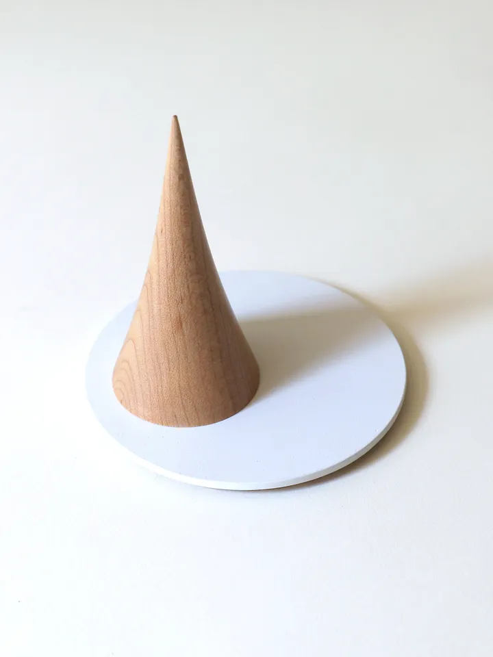 Modern Ring Stand - Turned wooden ring cone, powder coated steel dish with cork bottom