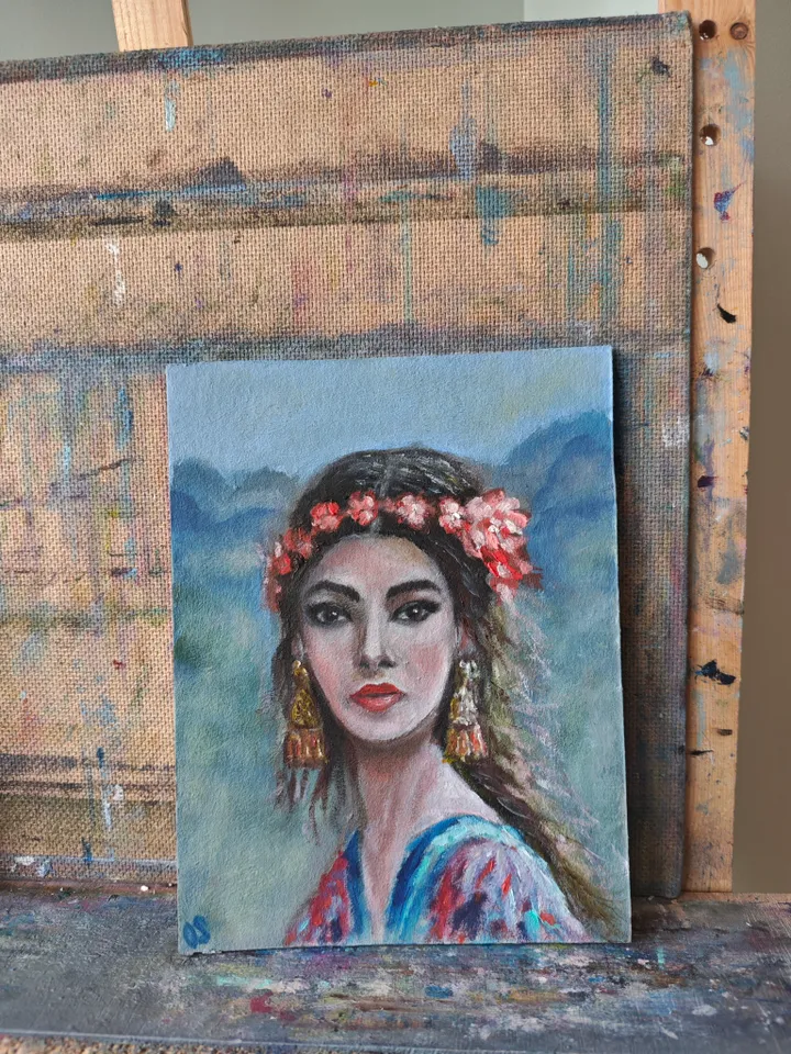Easten Girl Portrait Original Painting Oriental Girl With Earrings Original Art Girl Portrait Modern Artwork Girl Wall Decor Woman Oriental Oil Painting 6x8 inches by OlgaSokolovaArt