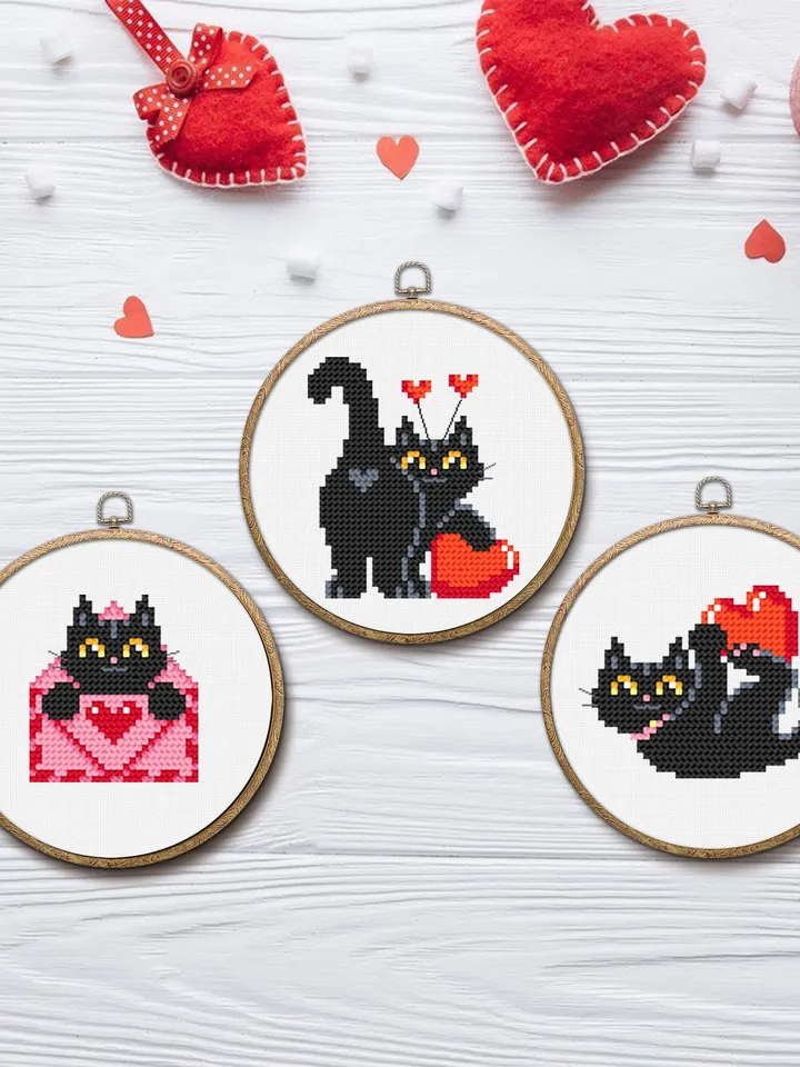 Set Cat valentines day cross stitch pattern download PDF Cute black cat cross stitch chart, Funny cat valentine cross stitch, Cat lover #T10