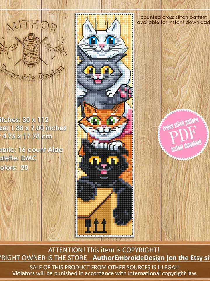Cat Bookmark set cross stitch pattern download PDF Handmade bookmark cross stitch, Funny Black cat cross stitch chart, Cat lover gift #B113