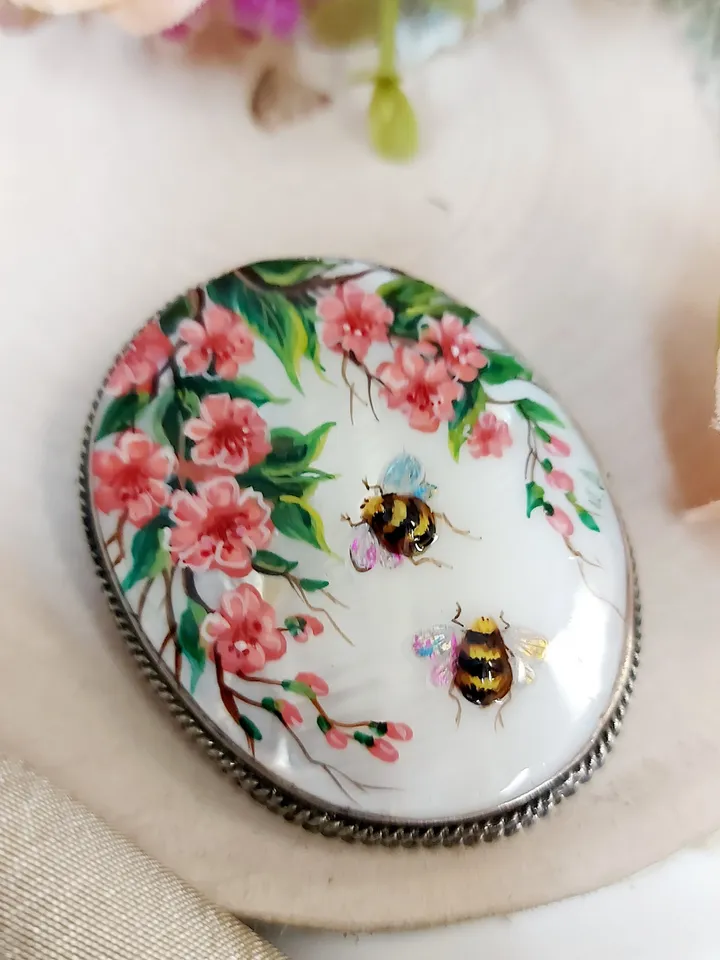 Brooches for women: Pink Wild Roses and Bees Brooch, wonderful hand painted shell pins, handmade paintings on mother of pearl pin for dress