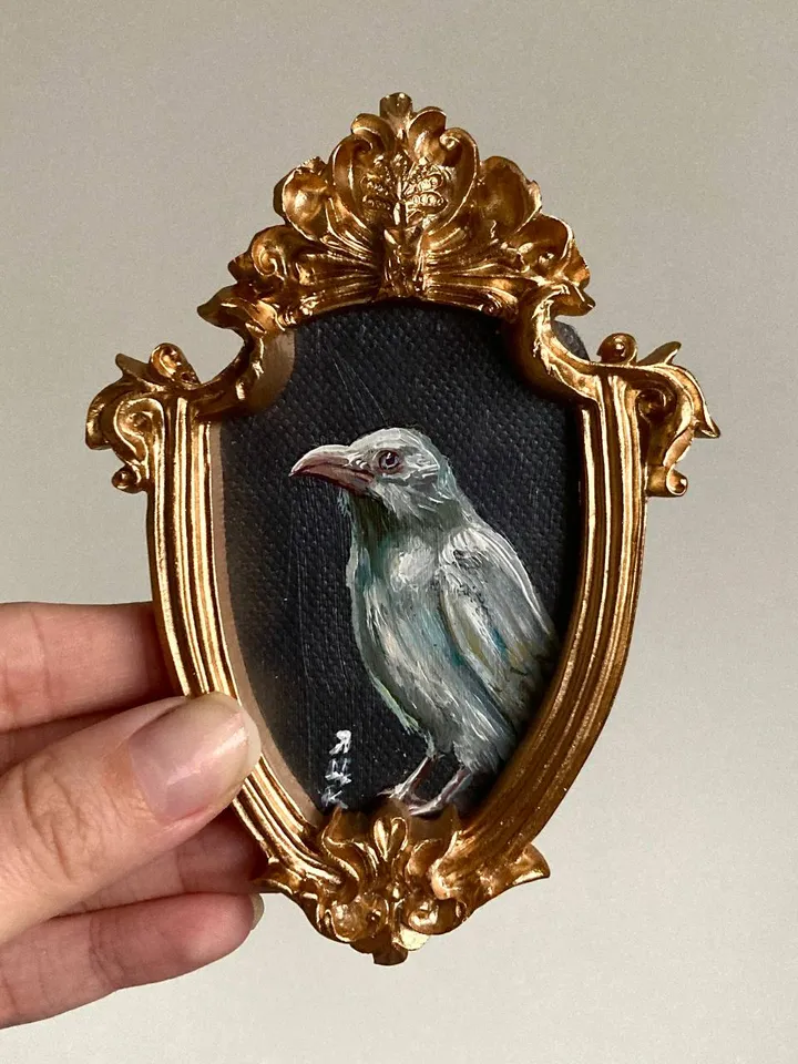Framed Albino Raven Painting Small Original Witch’s Friend Artwork Crow Art Tiny Oil Painting Bird
