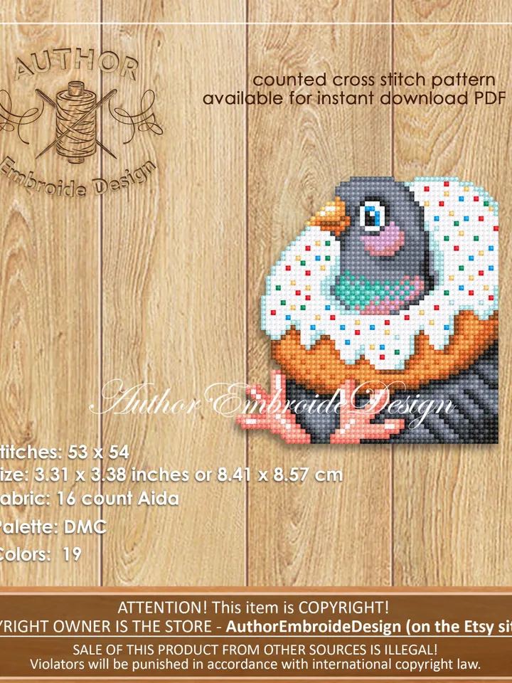 Pigeon Corner bookmark cross stitch pattern PDF download Funny pigeon with donut cross stitch chart, Bird bookmark digital pattern #B398