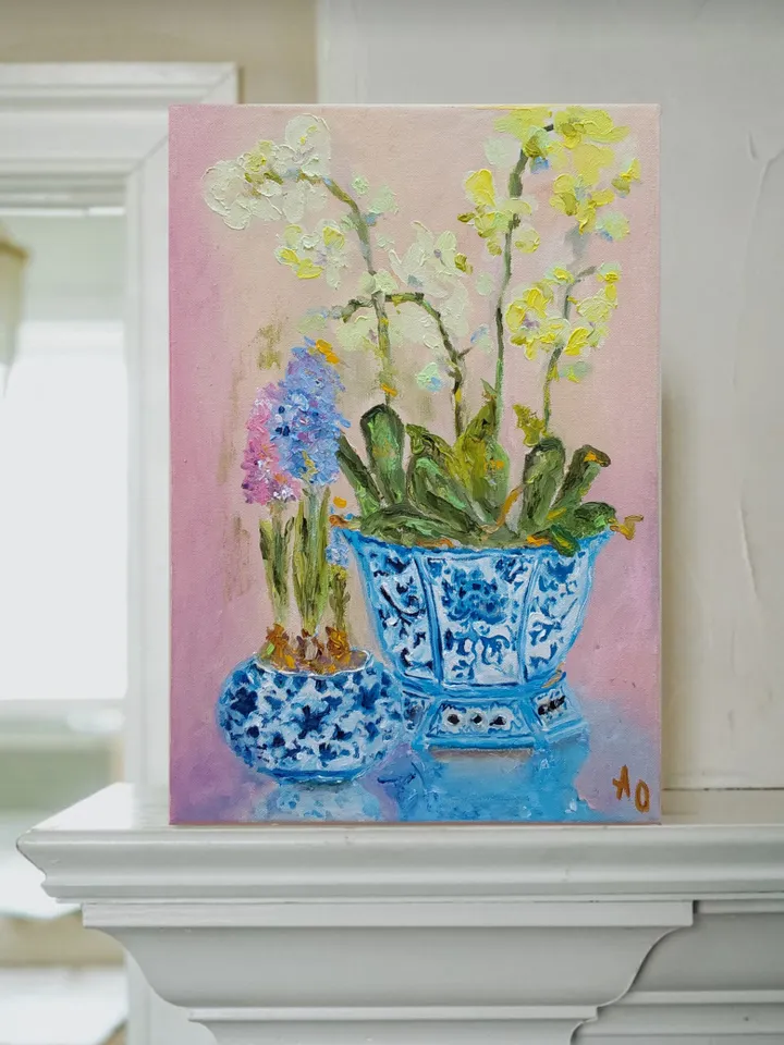 Oil painting on canvas "Still life. Orchid in a Chinese vase" 30x40cm (12x16inch)