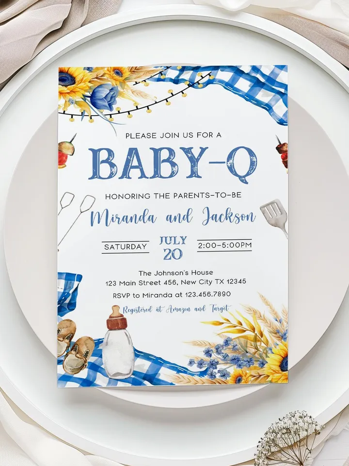BBQ Baby Shower Invitation, Baby-q Baby Shower Invite, Boy Baby Shower, BBQ Party Baby Sprinkle Invitation, Editable Canva Template BBQ04