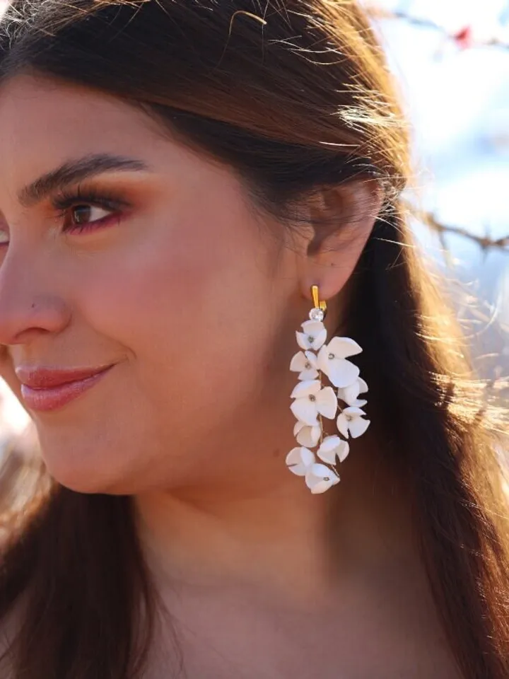 Boho Wedding Earrings for brides, Delicate Porcelain Flowers Bridal Earrings, Gold Wedding Earrings, Swarovski Crystal Wedding Earrings,
