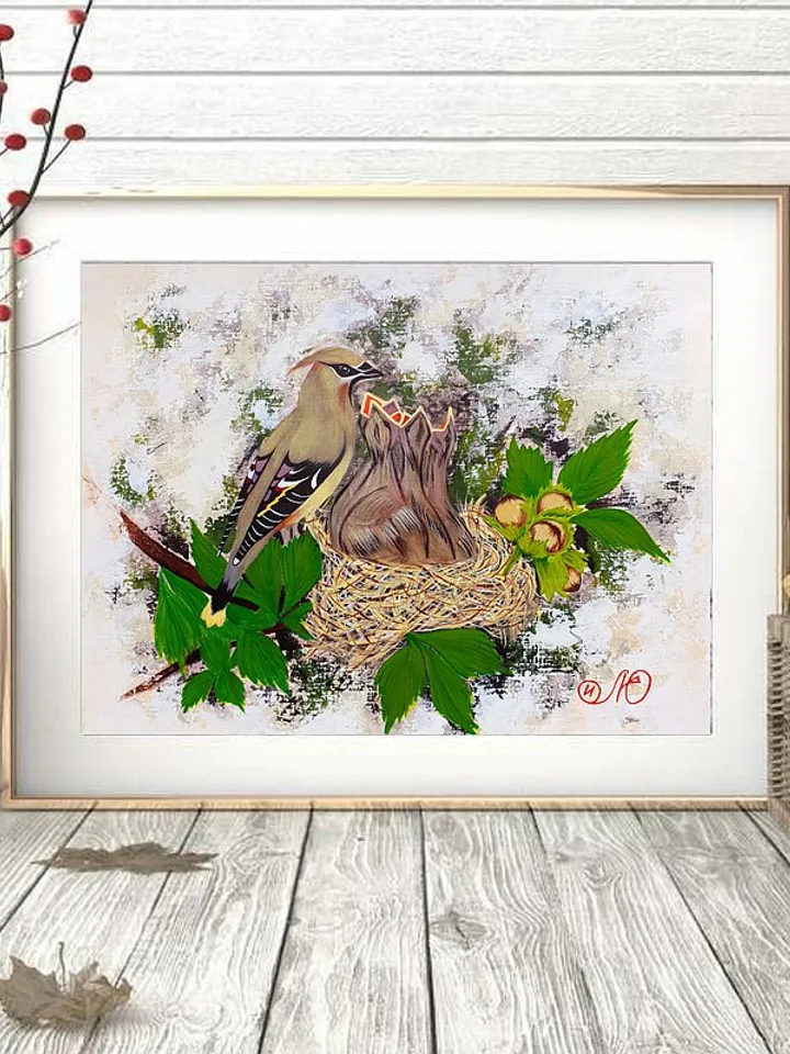 Waxwing Painting Bird Original Art Bird Nest Wall Art Animal Acrylic Painting