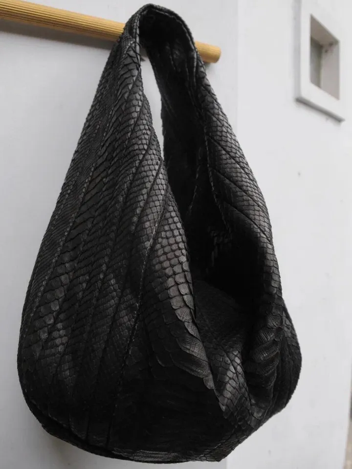Big Soft Hobo Classy Sport Woman Stitched Bag | Purse Genuine Python Skin | Black Big Elegant Leather Designer Soft Bag Snake | reptile hobo