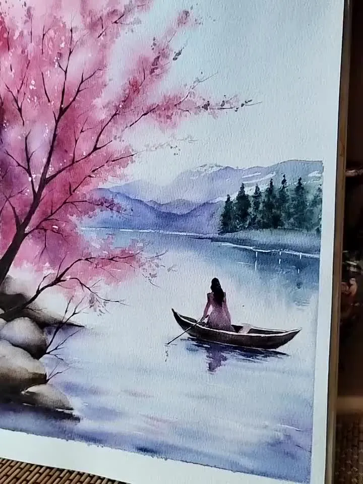 sakura アクリル画 Original Watercolor Painting Japan Landscape Art Sakura