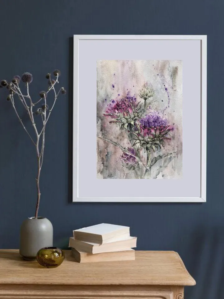 Artichoke Art Flowers Original Painting Wildflowers Wall Art  Meadow Painting